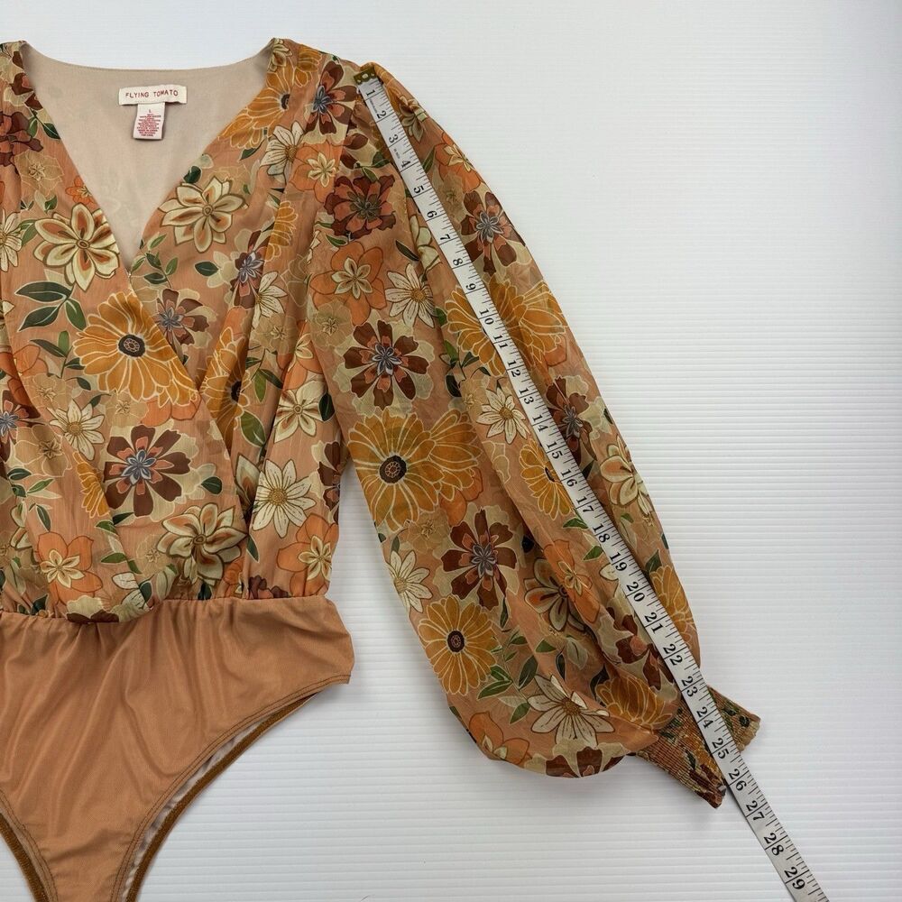 Flying Tomato Floral Bodysuit Womens L Boho Retro Surplice Puff Sleeve Top - Picture 10 of 11